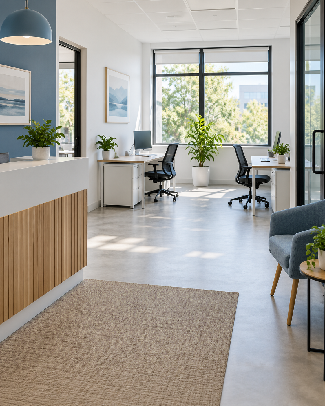 Clean, organized office with desks and reception area